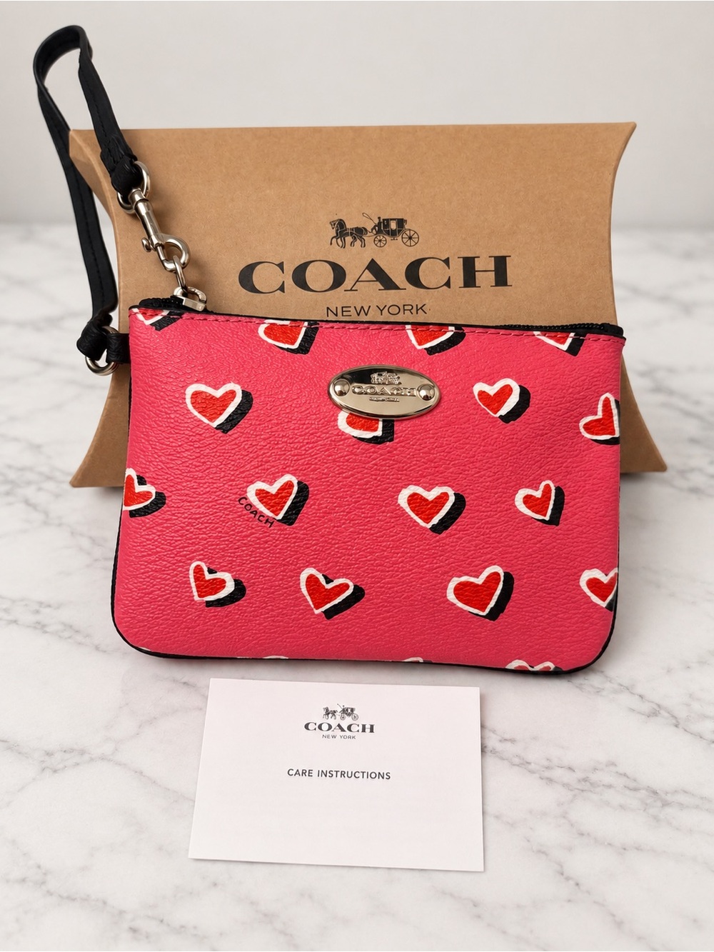 Coach F52560 Hearts Print Pink Wristlet NEW w/ Care Card + Box